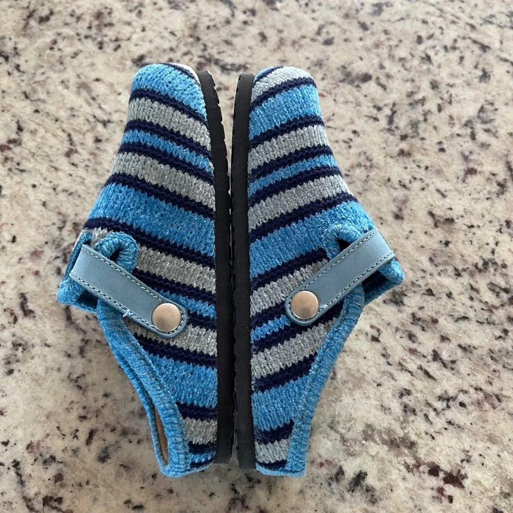 Dr. Scholl Adapta Clogs Kids 30 Blue Striped Cozy Knit Buckle Strap Mules Shoe